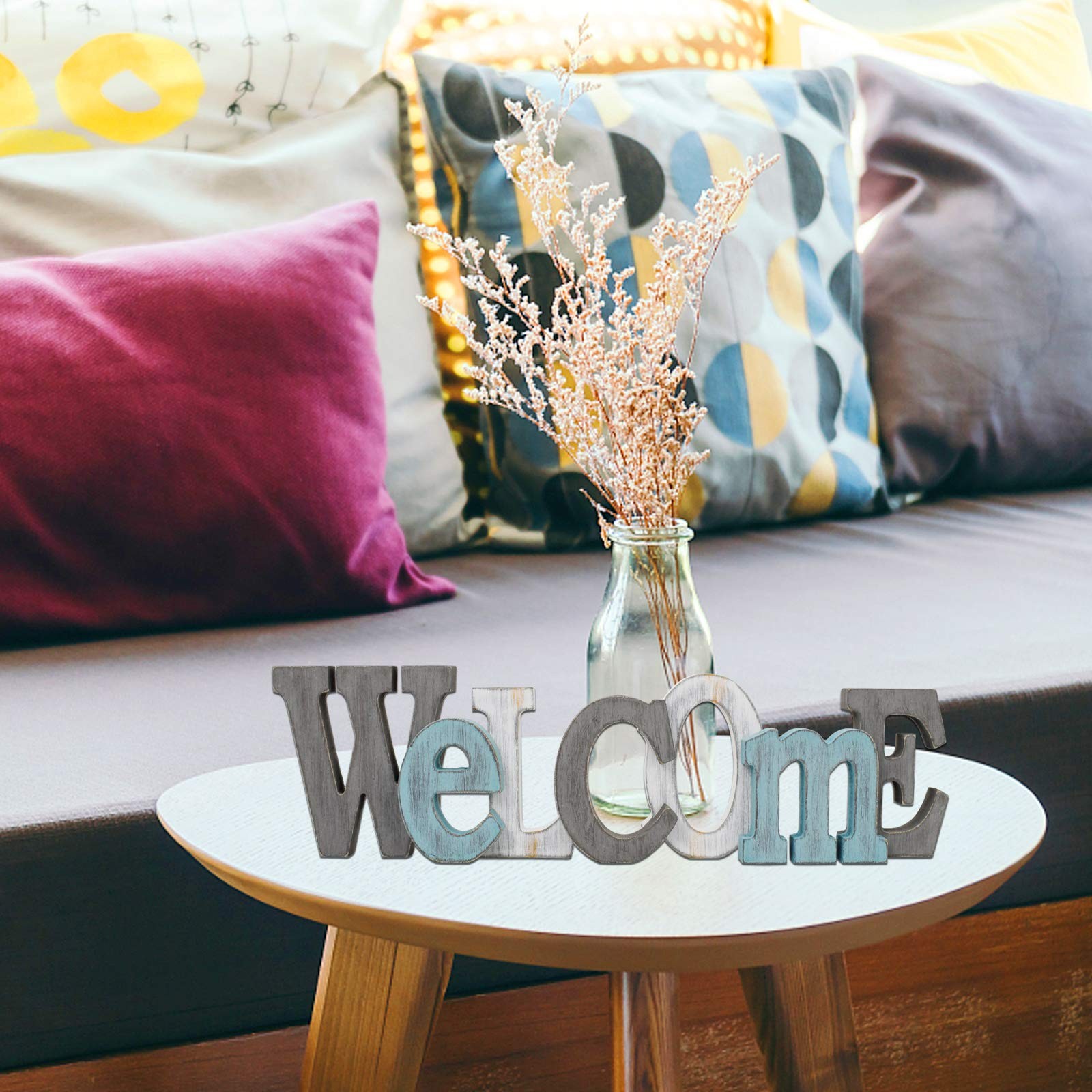 Rustic Wooden Teal Home Sign Decorative Cutout Letters Freestanding Block Wor…