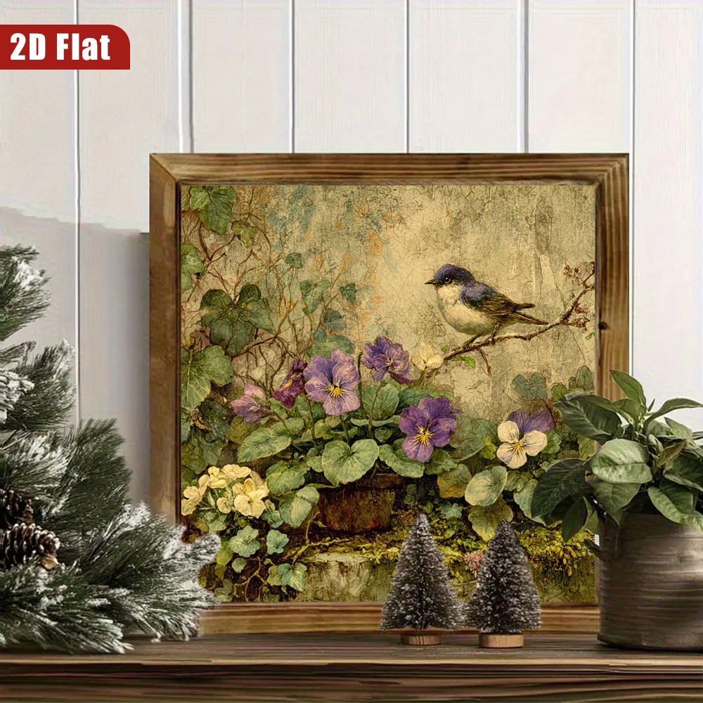 Vintage Floral Bird Wooden Sign Rustic Farmhouse Nature Decor for Kitchen Cafe
