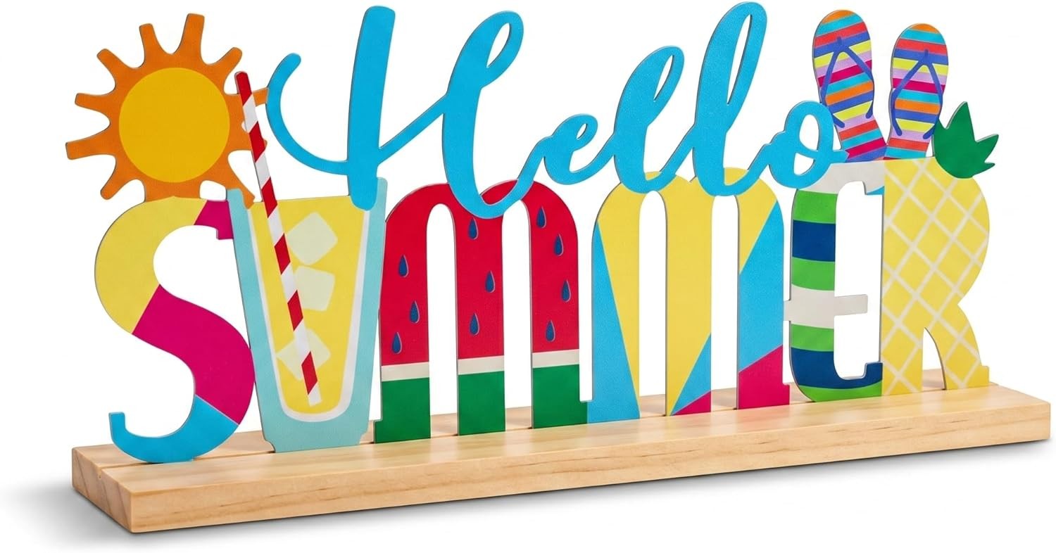 Wood Base, Colorful Summer Decorations for Office, Home, Mantel,