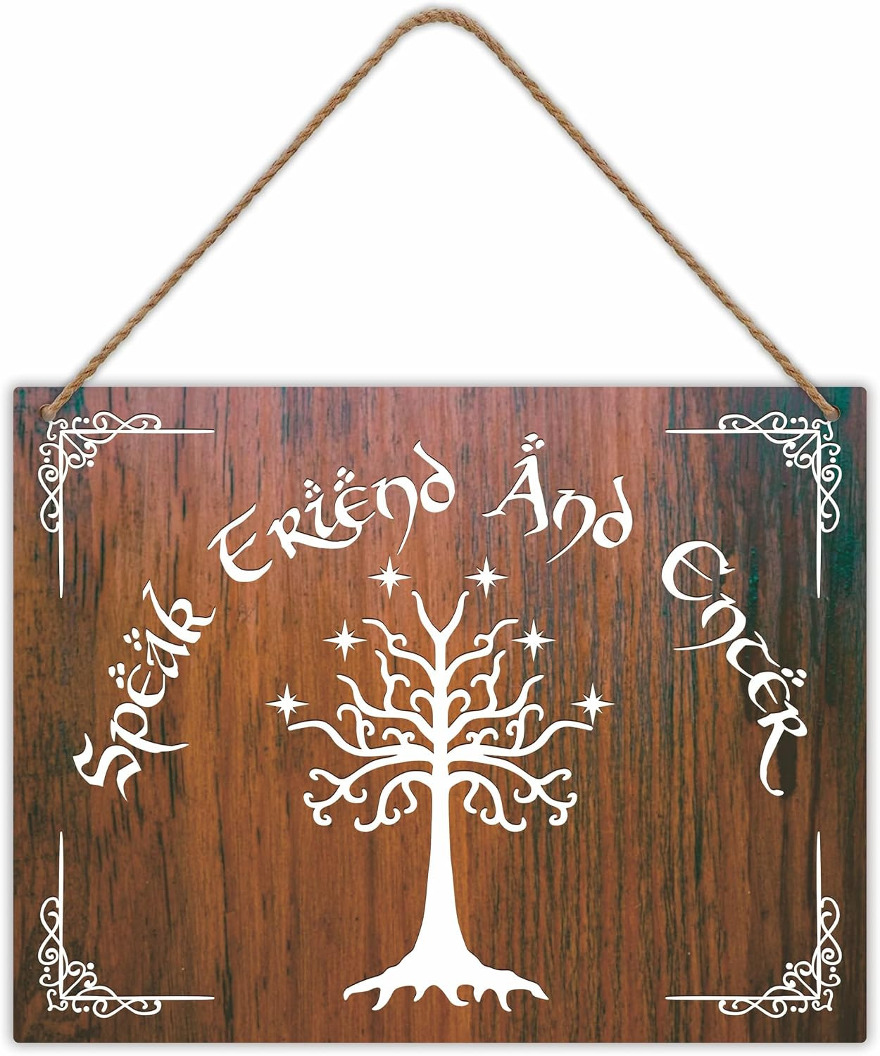 Speak Friend and Enter – 8″X10″ Wooden Sign with Sisal Rope, Funny Wall Decor Fa