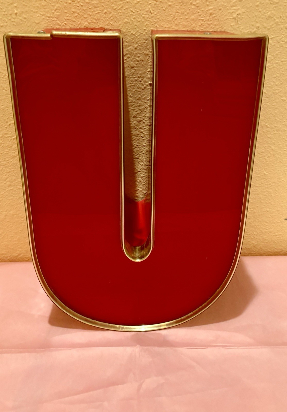 Reclaimed Vintage Red Acrylic With Gold Trim Channel Letter U Retro Urban Decor