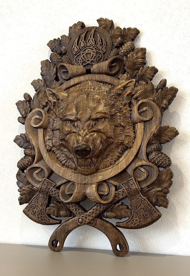 Wolf Wooden carved Wall Plaque Viking Axes Celtic Norse Mythology Relief Decor