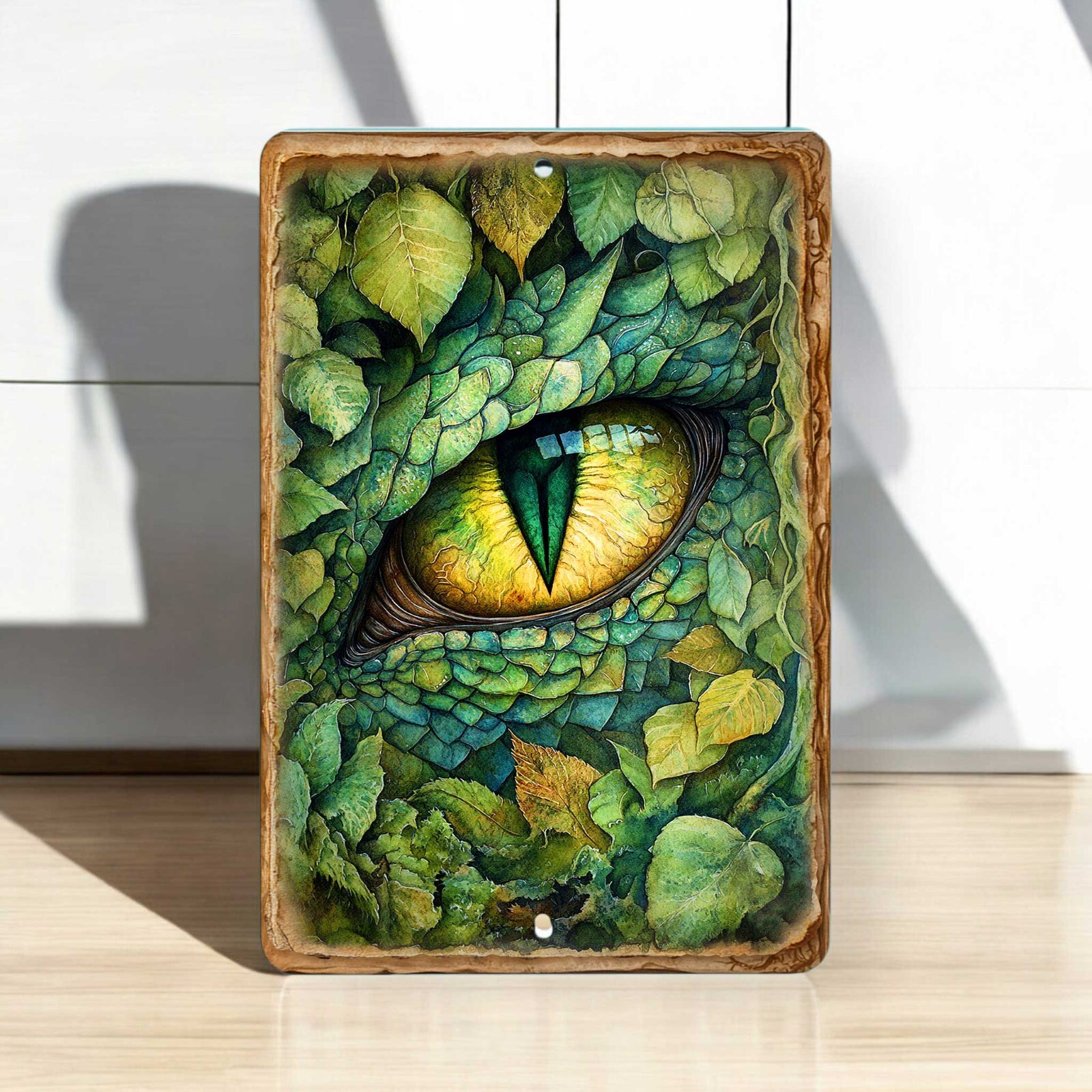 Dragon Metal Sign – Green Dragon Eye in Leaves Fantasy Wall Decor, 8×12 Inches