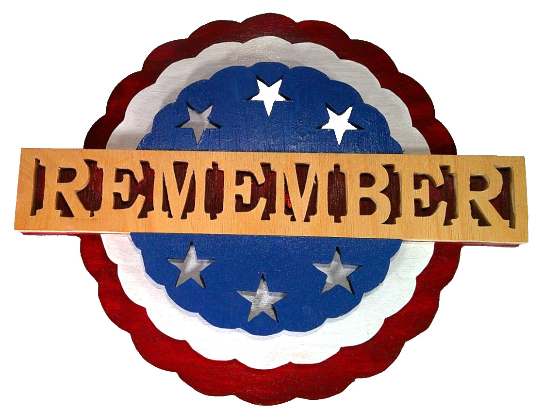 Patriotic REMEMBER Plaque Red White Blue with Stars Wood Handmade Hanger on Back
