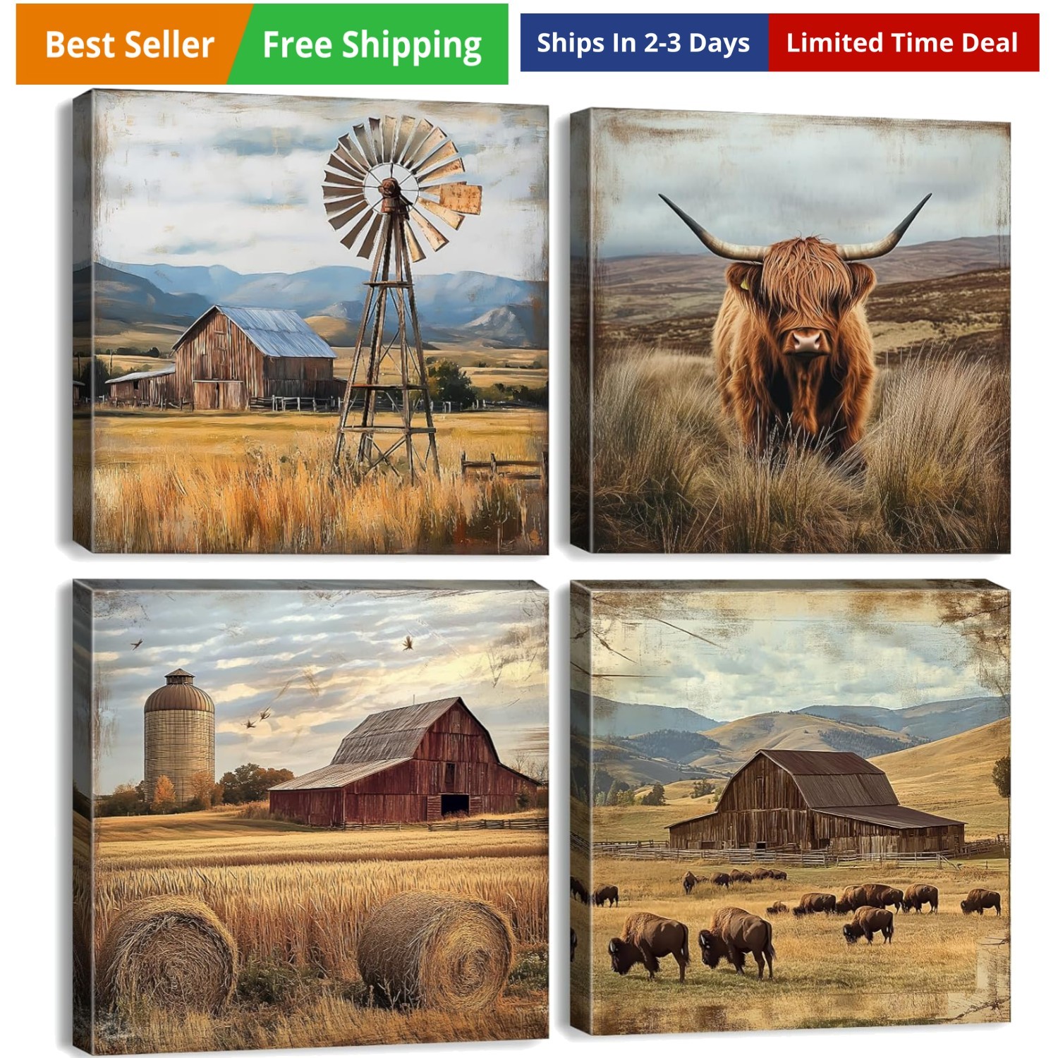 Farmhouse Highland Cow Wall Art Western Kitchen Wall Decor Rustic Country Bar…