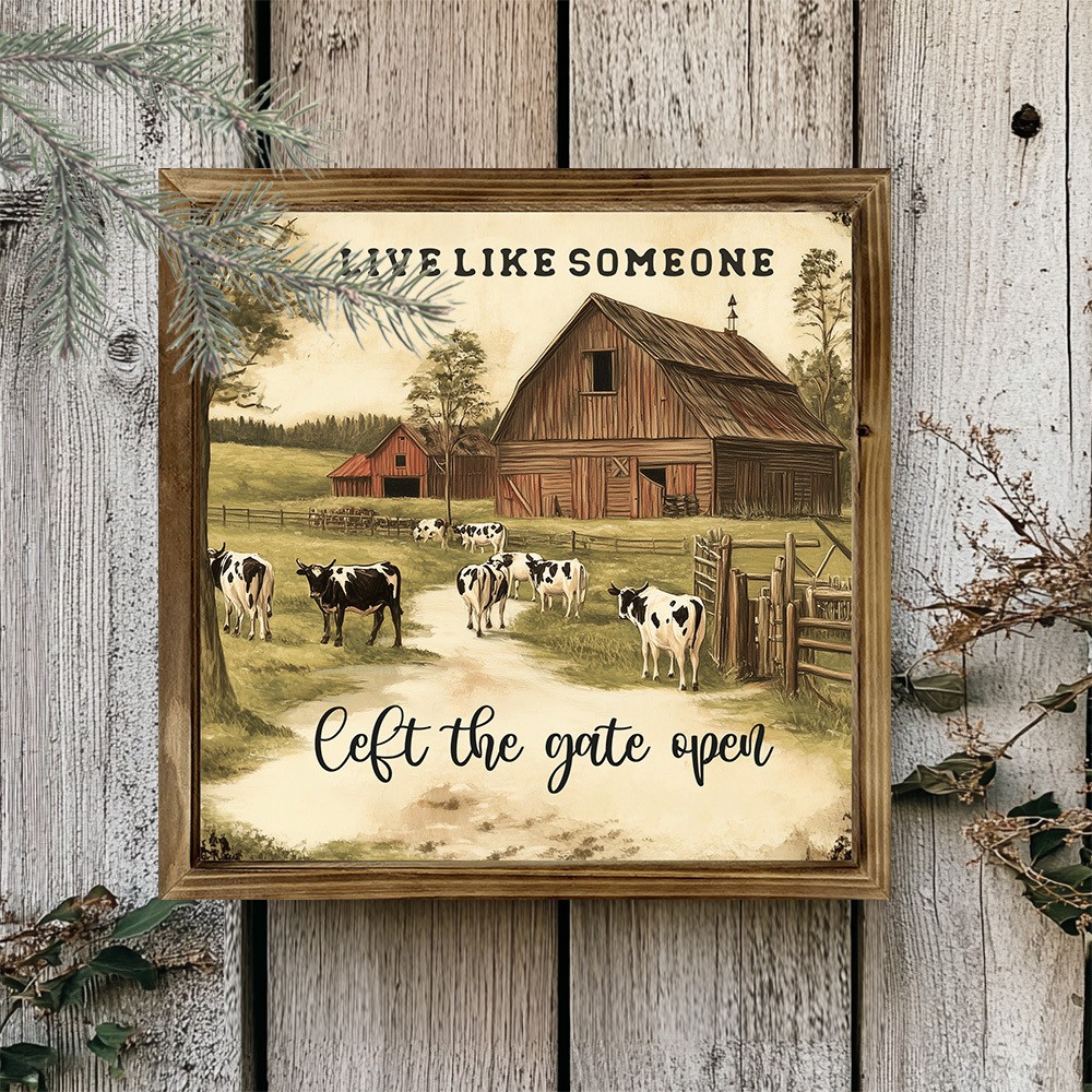 Vintage Farm Cow Barn Scenery Country Living Room Wooden Wall Art Sign