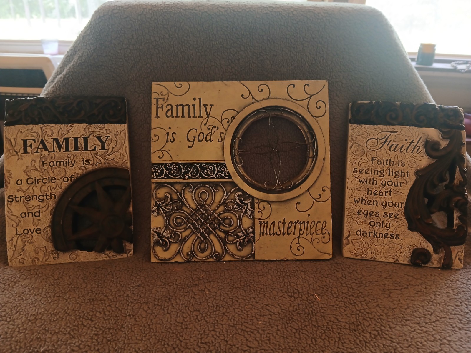 3pc Family & Faith Resin Wall Plaque Set Square Distressed Beige Brown Black