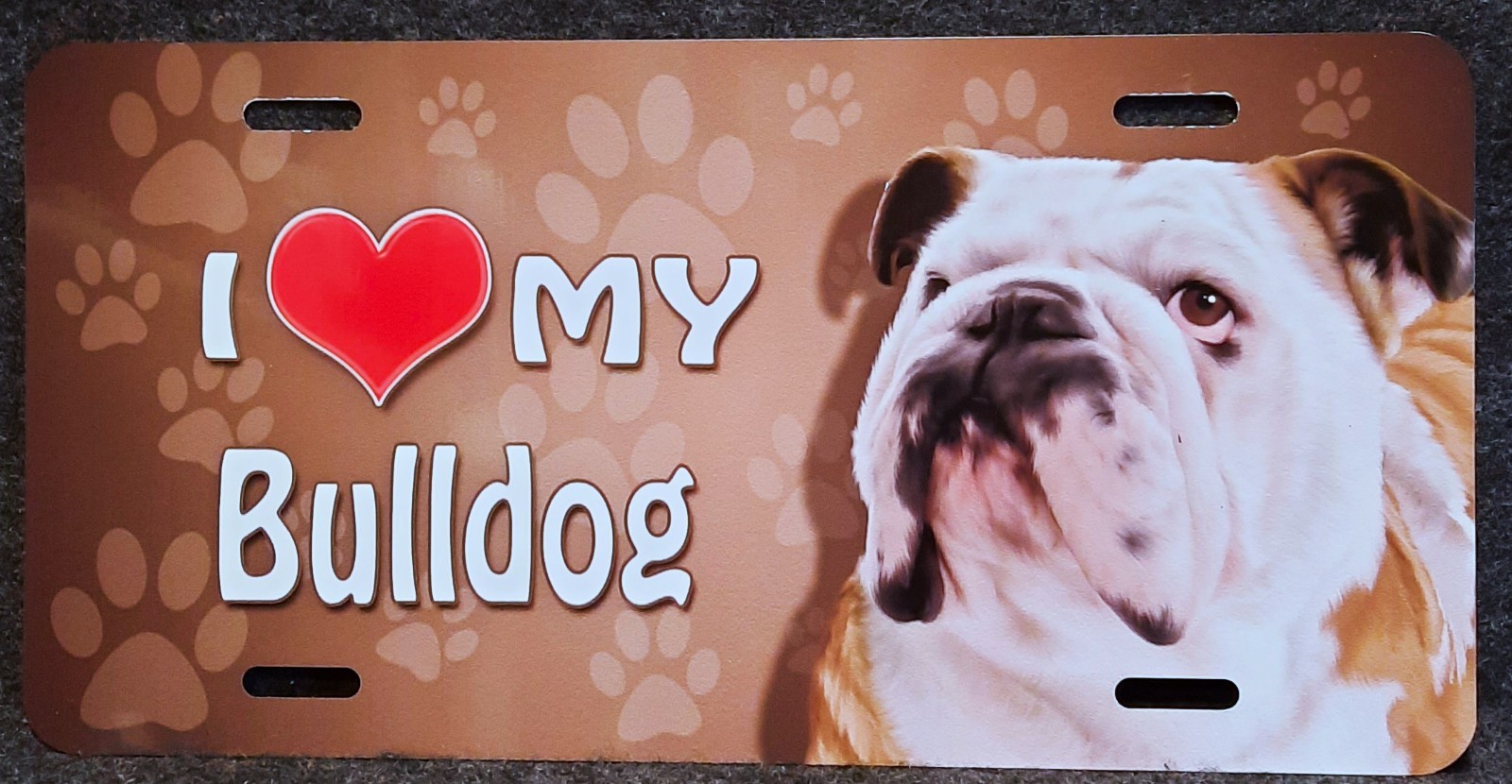 I “Heart” My Bulldog Tin Metal Hanging Sign. Approximately 5″ X 12″.