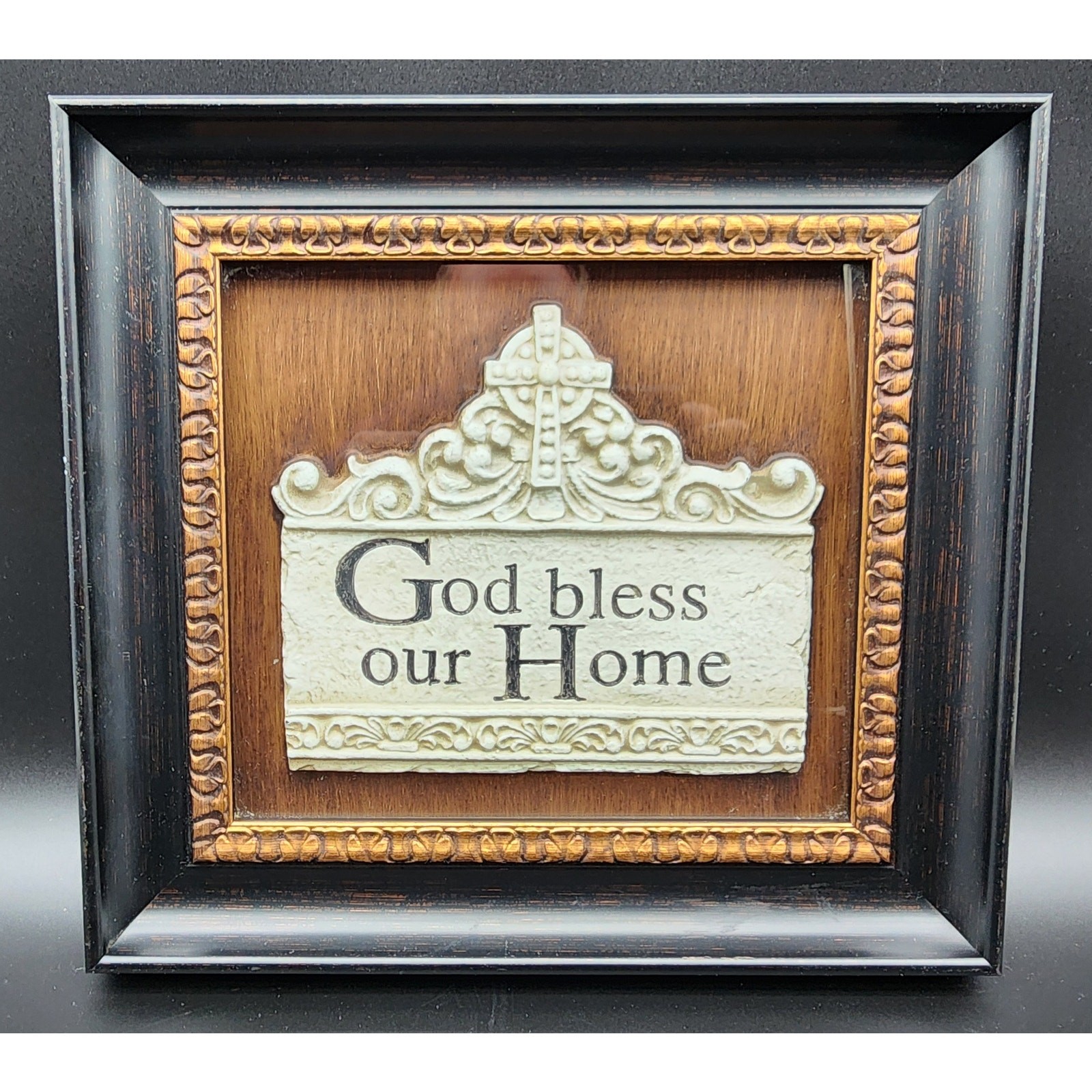 2009 “God Bless Our Home” Framed Shadowbox – Faux Walnut & Gilt, 14×13, Ready