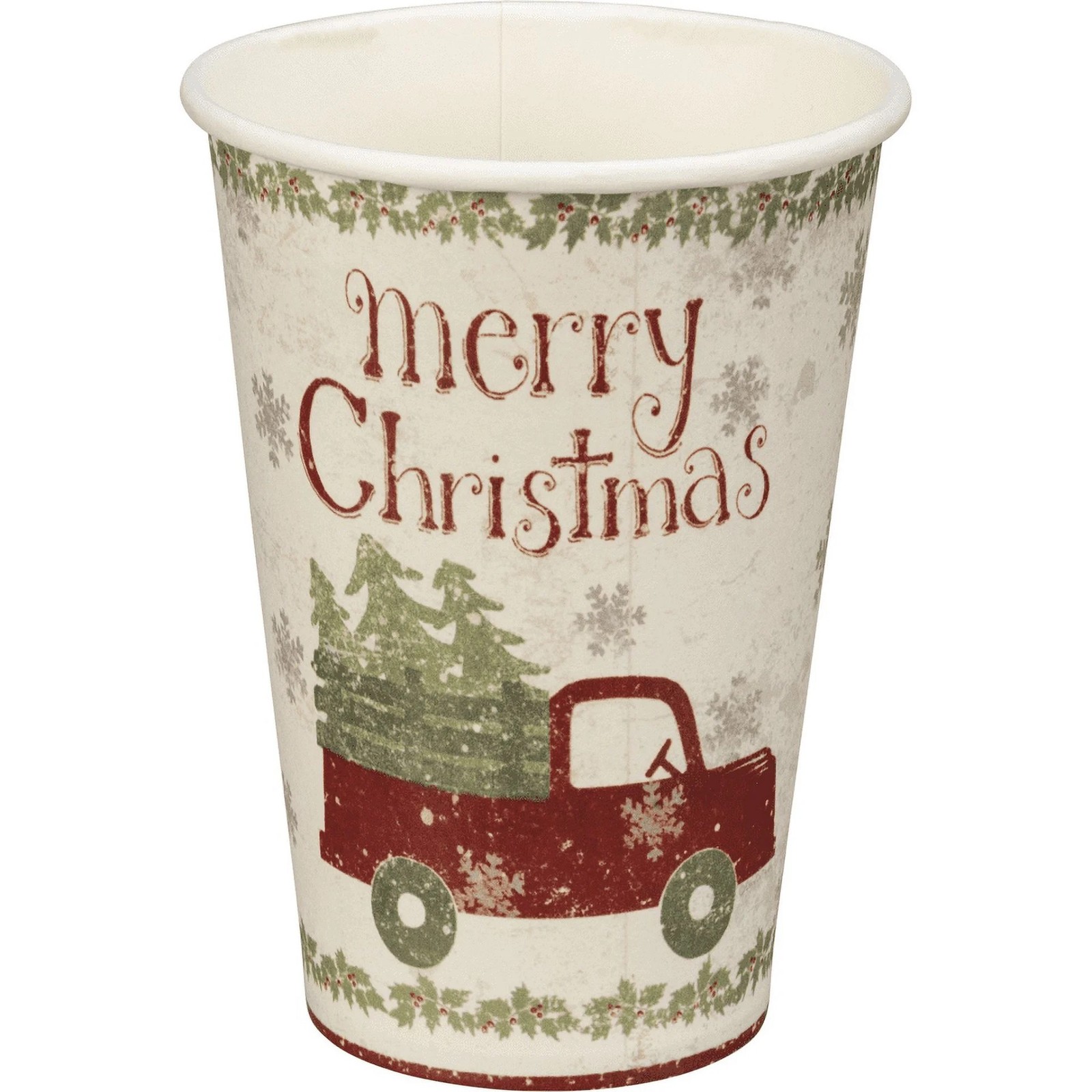8 Piece Rustic Red Truck Merry Christmas Holiday Paper Party Cups, 12 Ounces