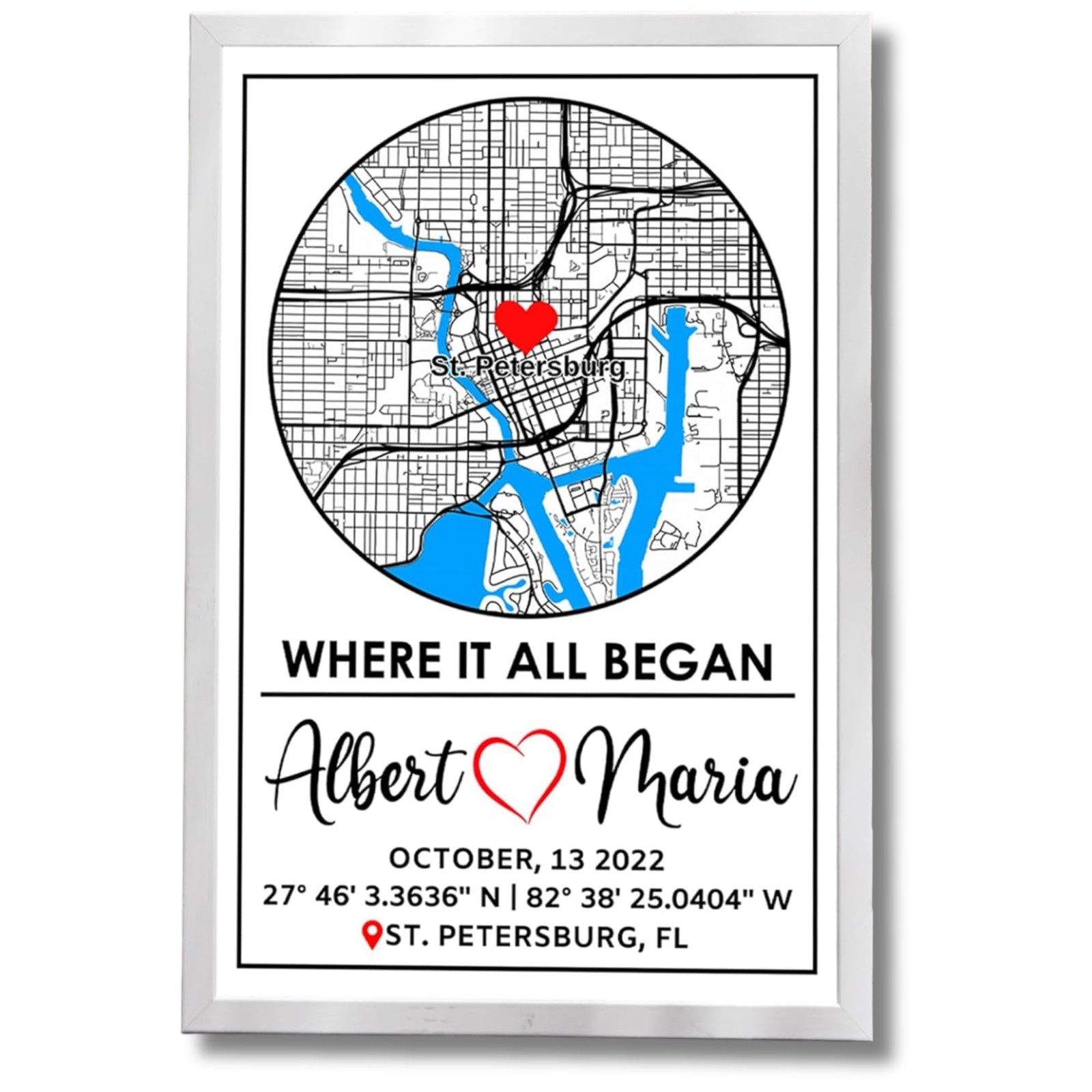 . Personalized Couples City Map Print – Custom Framed Anniversary Gift