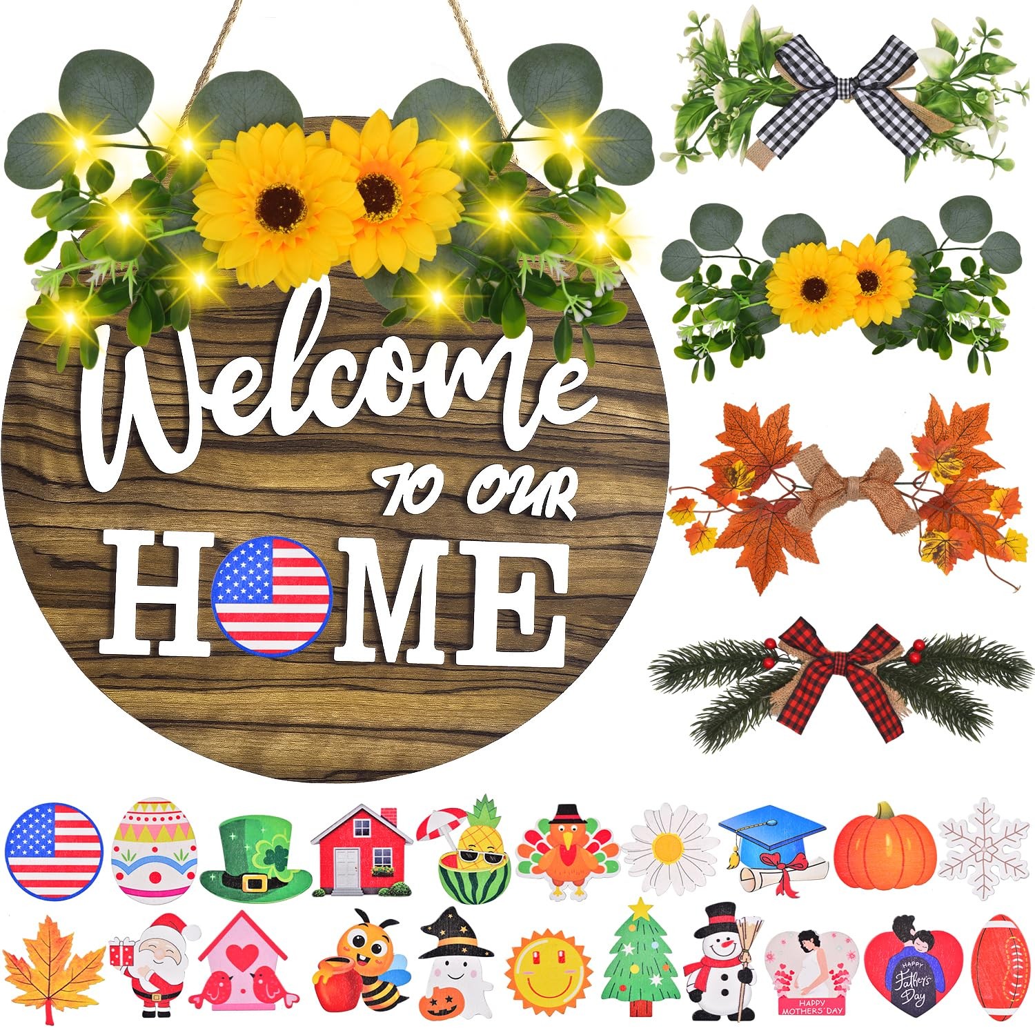 Welcome Home Sign Interchangeable Brown Rustic Wood 4 Seasonal Wreaths 21 Icons