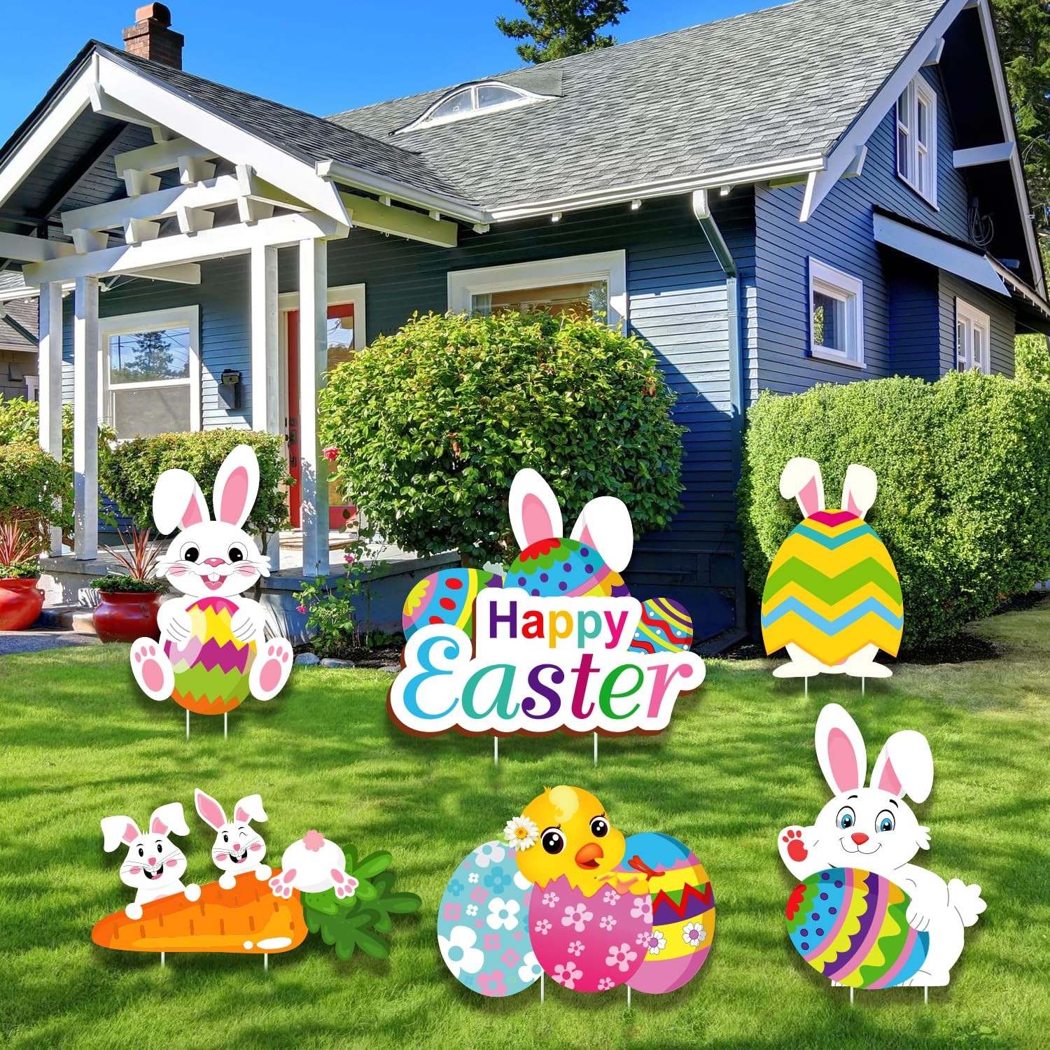 15 Inch Colorful Easter Yard Sign Cute Bunny Chick Egg Stakes Decor 6 PCS