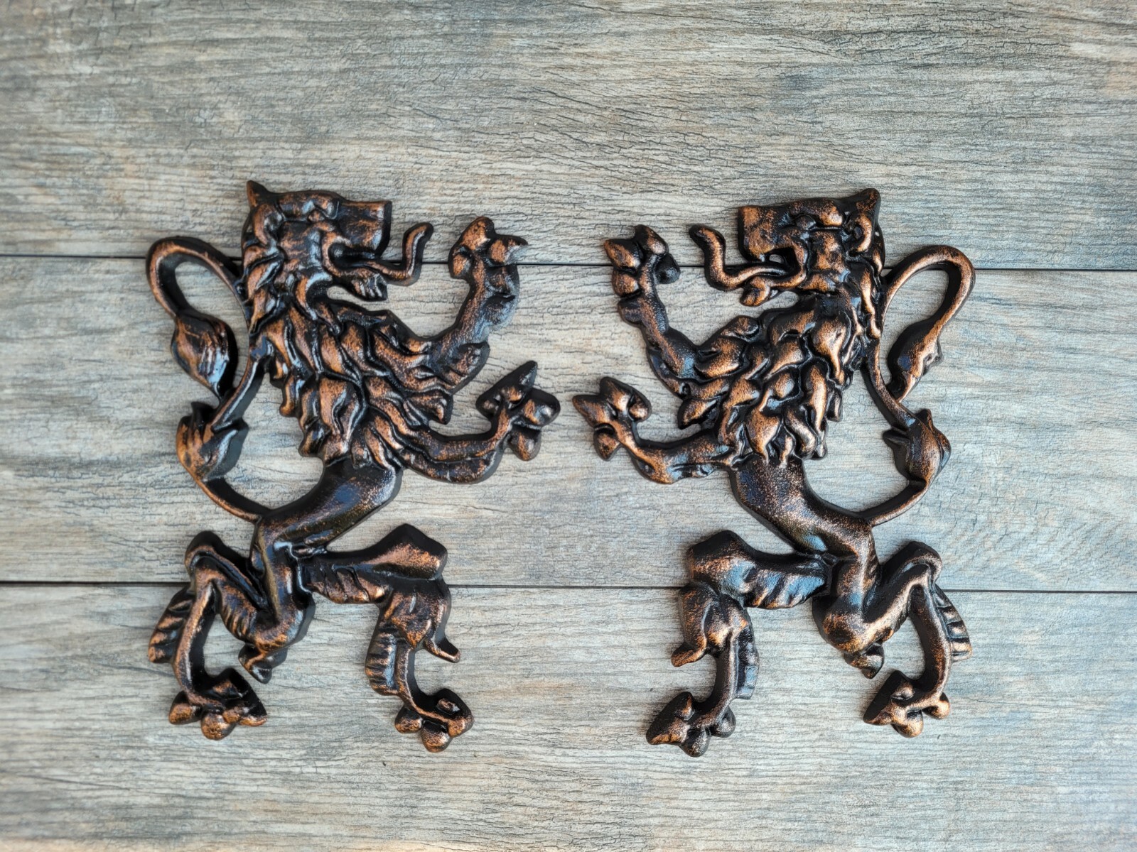 TWO, Lion Wall Plaque, Royal Medieval Old World Decor, Metal Art Hand Painted