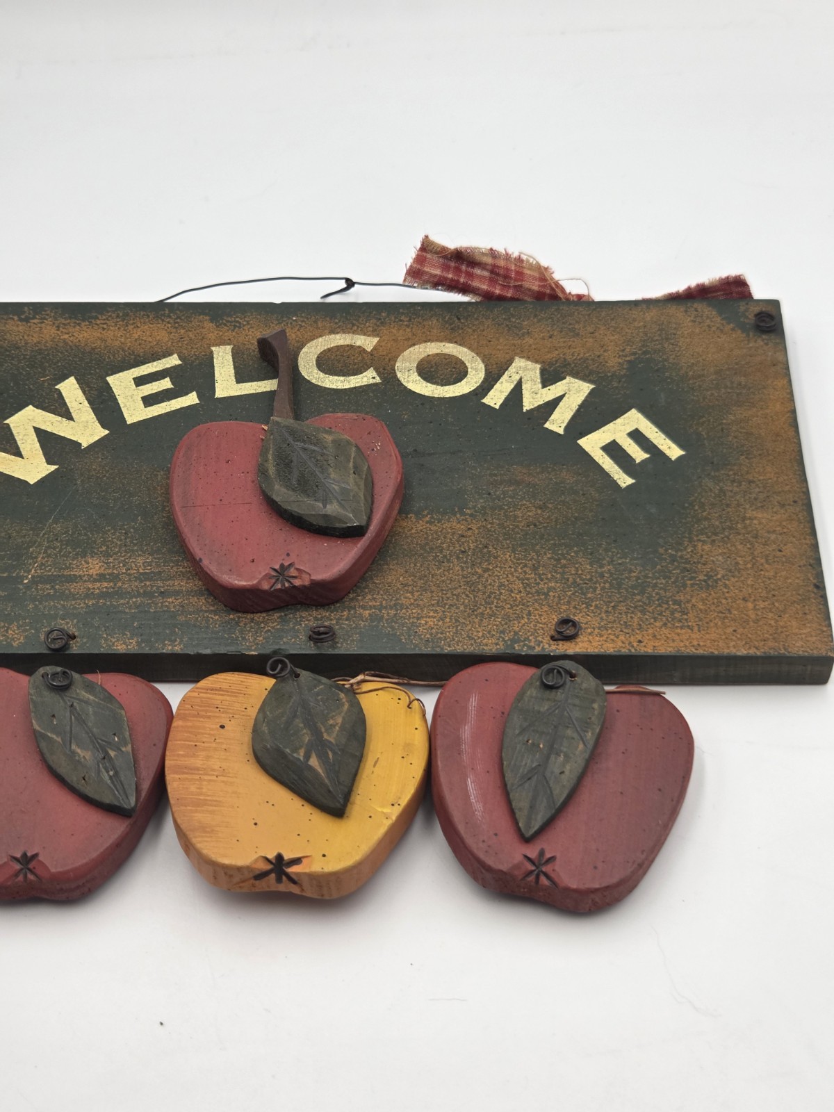 Vtg 90s Style Wooden Apple Welcome Sign Decor Country Ribbon Cottagecore