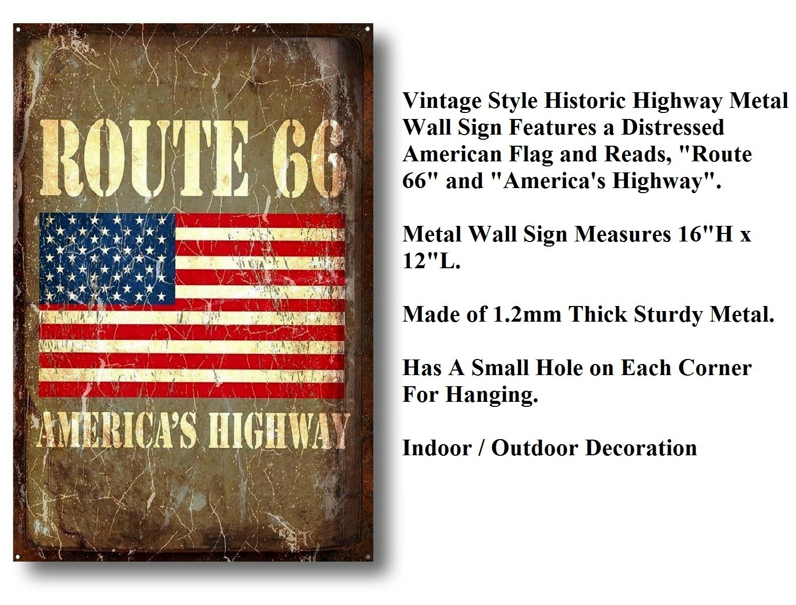 Distressed American Flag Route 66 Highway Metal Wall Sign Bar Decor 16″L x 12″W