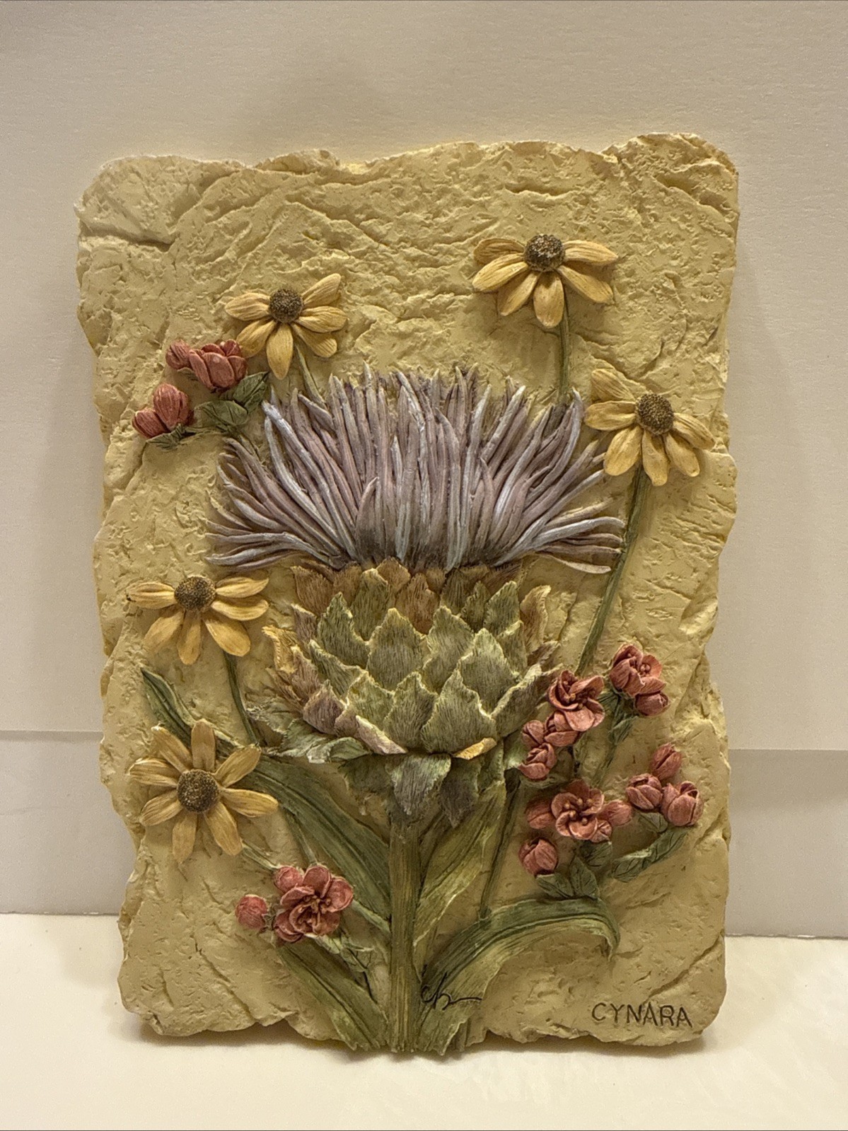 Cynara Stone Floral Wall Plaque Decorative Rectangular Vertical Mounted