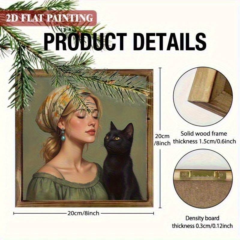 Vintage Portrait Blonde Woman With Black Cat Square Wooden Plaque Romantic Decor