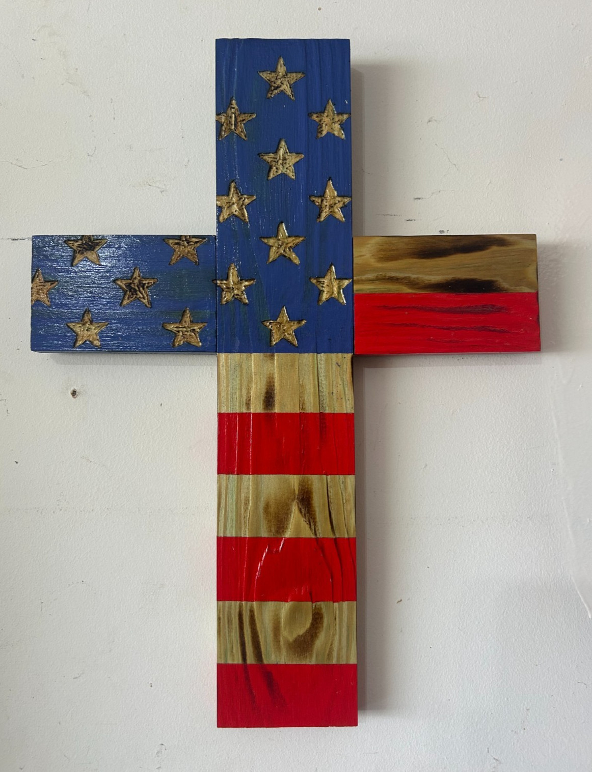 Rustic Handmade American Flag Wooden Cross 17” Wall or Yard Memorial Patriotic