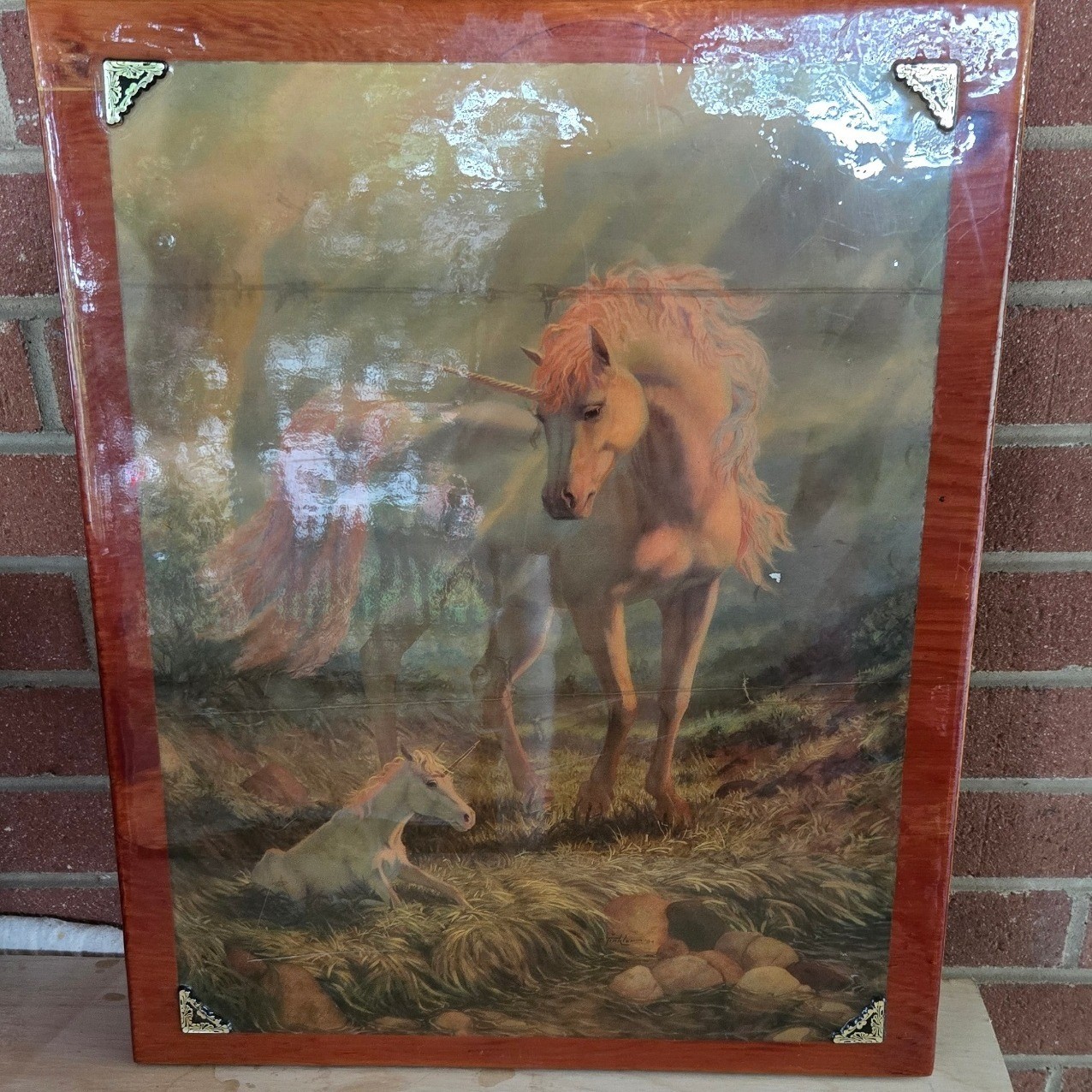Vintage Unicorn Wood Plaque Wall Art Fantasy Mythical Mother & Baby 16×20 80s
