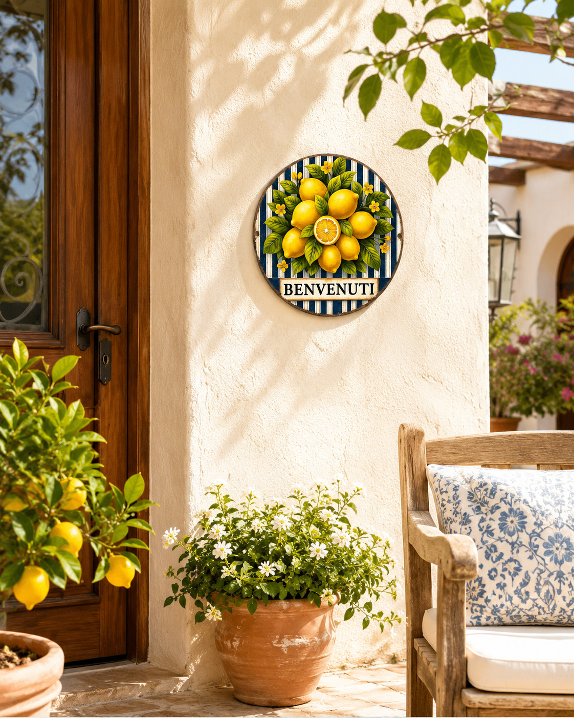 Italian Lemon Welcome Sign – Benvenuti Mediterranean Wall Decor – 7.87” Aluminum