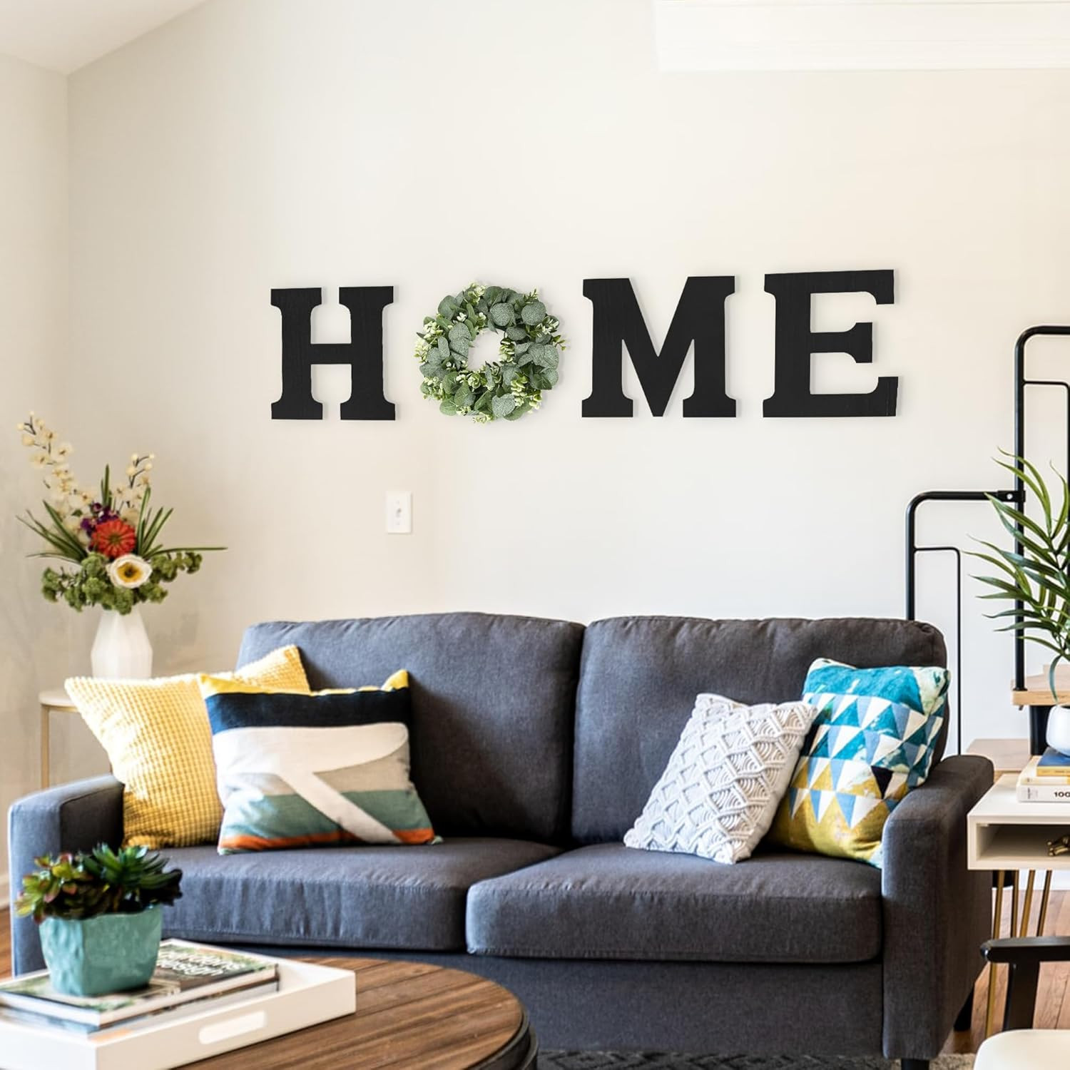 Wood Home Sign with Artificial Eucalyptus Wreath for O, Hanging Farmhouse Wall H