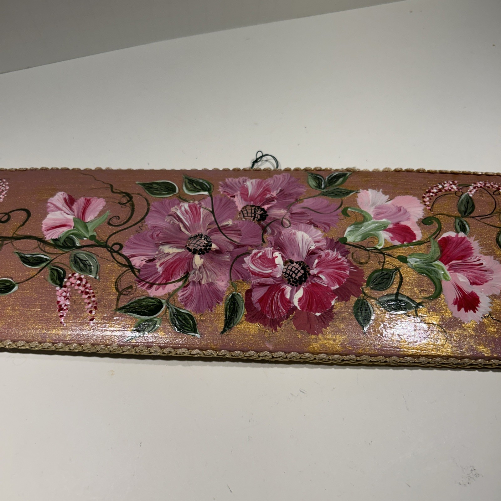 VTG Will 29.5 X 4.5 Inch Hand Painted Floral Wall Art Piece Of Wood Signed