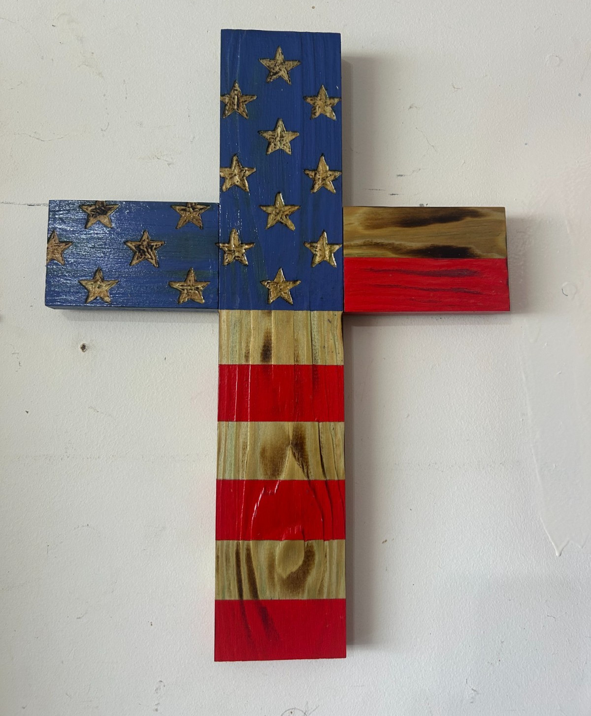 Rustic Handmade American Flag Wooden Cross 17” Wall or Yard Memorial Patriotic