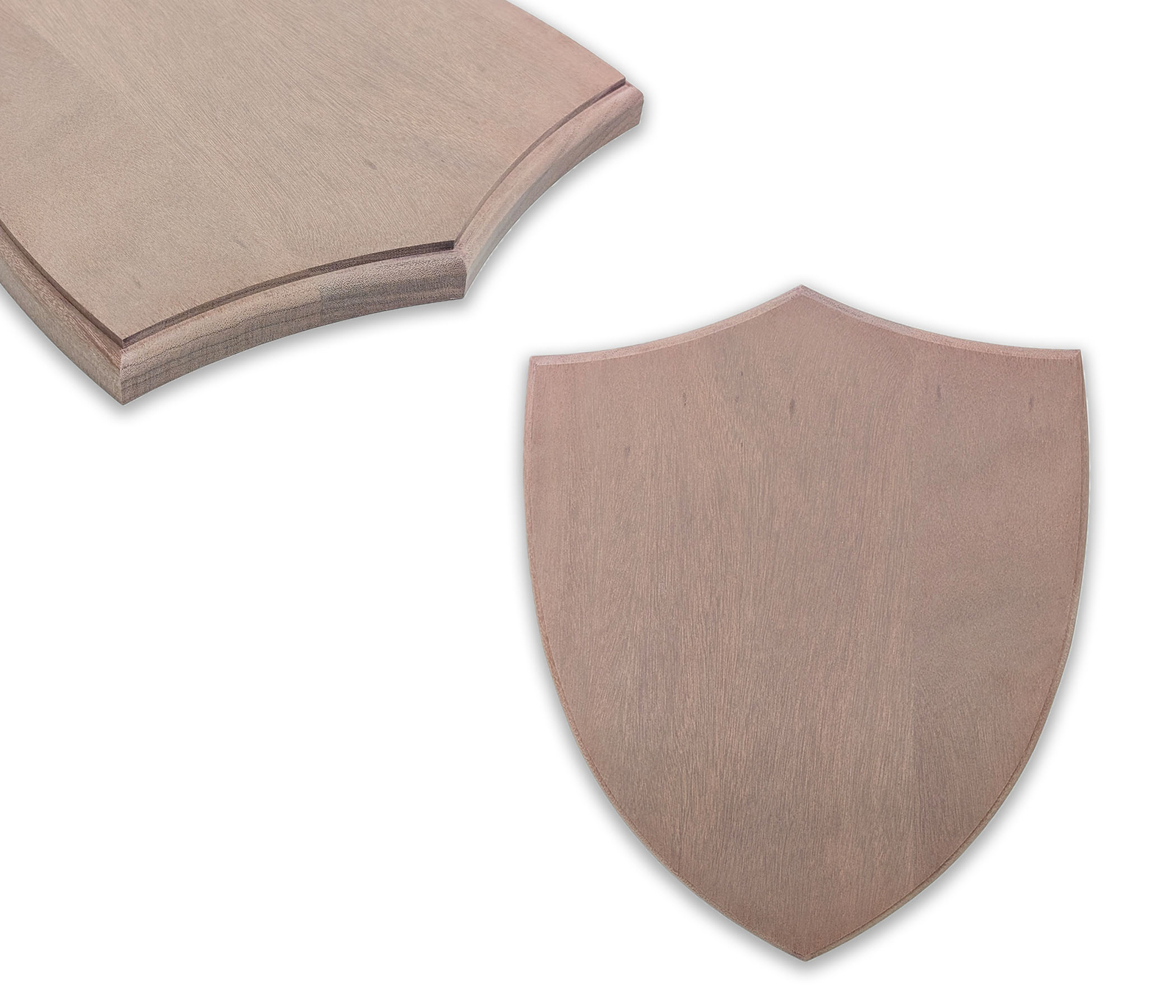 Santos Mahogany Plaque – Unfinished Shield with Stepped 0.25 Inch Round Over Edg