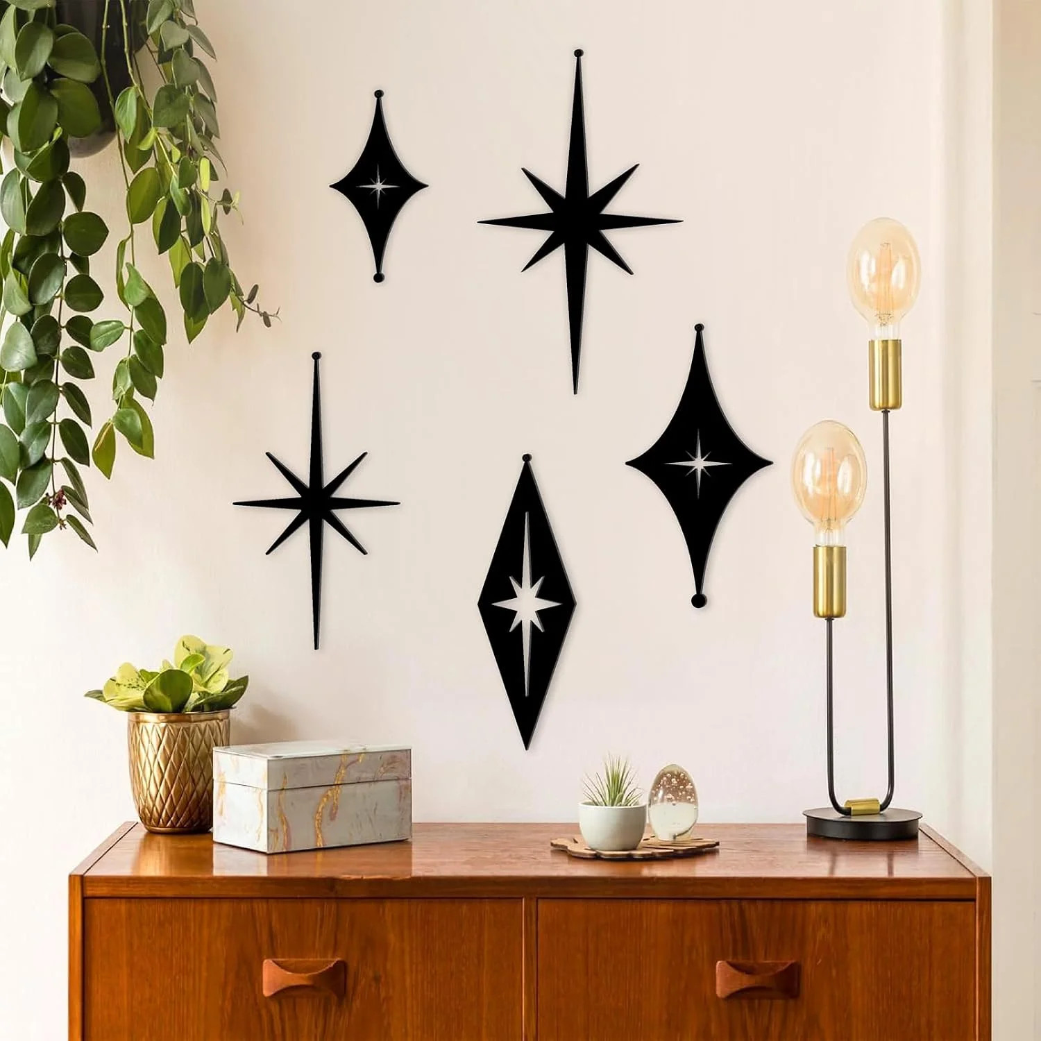 5 Pcs Iron Star Wall Decor Black Starburst Metal Wall Art Mid Century Modern Wal
