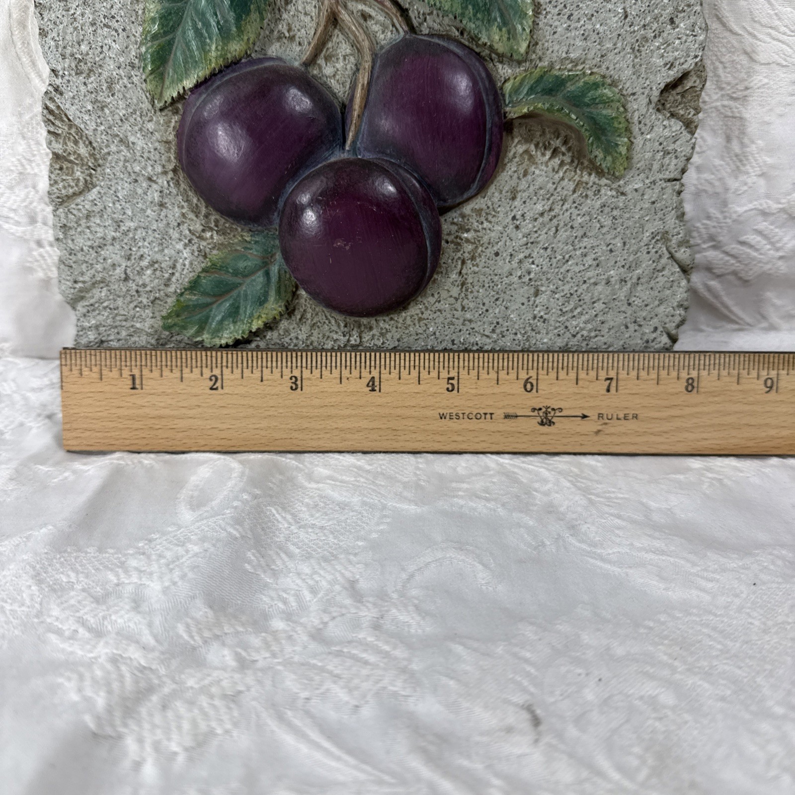 Sculpted Purple Plum Branch Fruit Wall Plaque Green Leaves 10.5”x 8” 2.5 Lbs