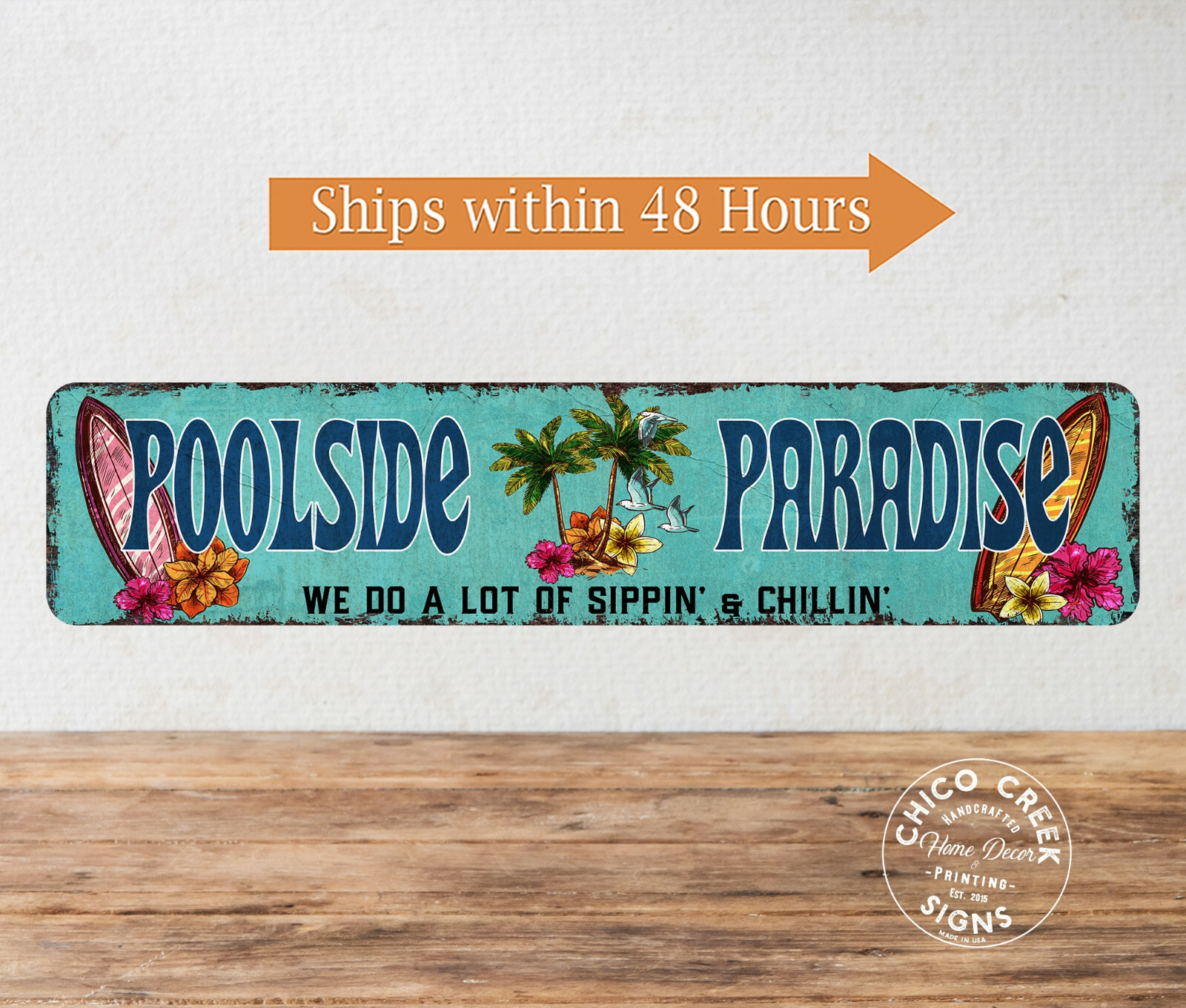 Poolside Paradise Decor Sign Swimming Pool Surf Tiki Gift 4×18 104182001003