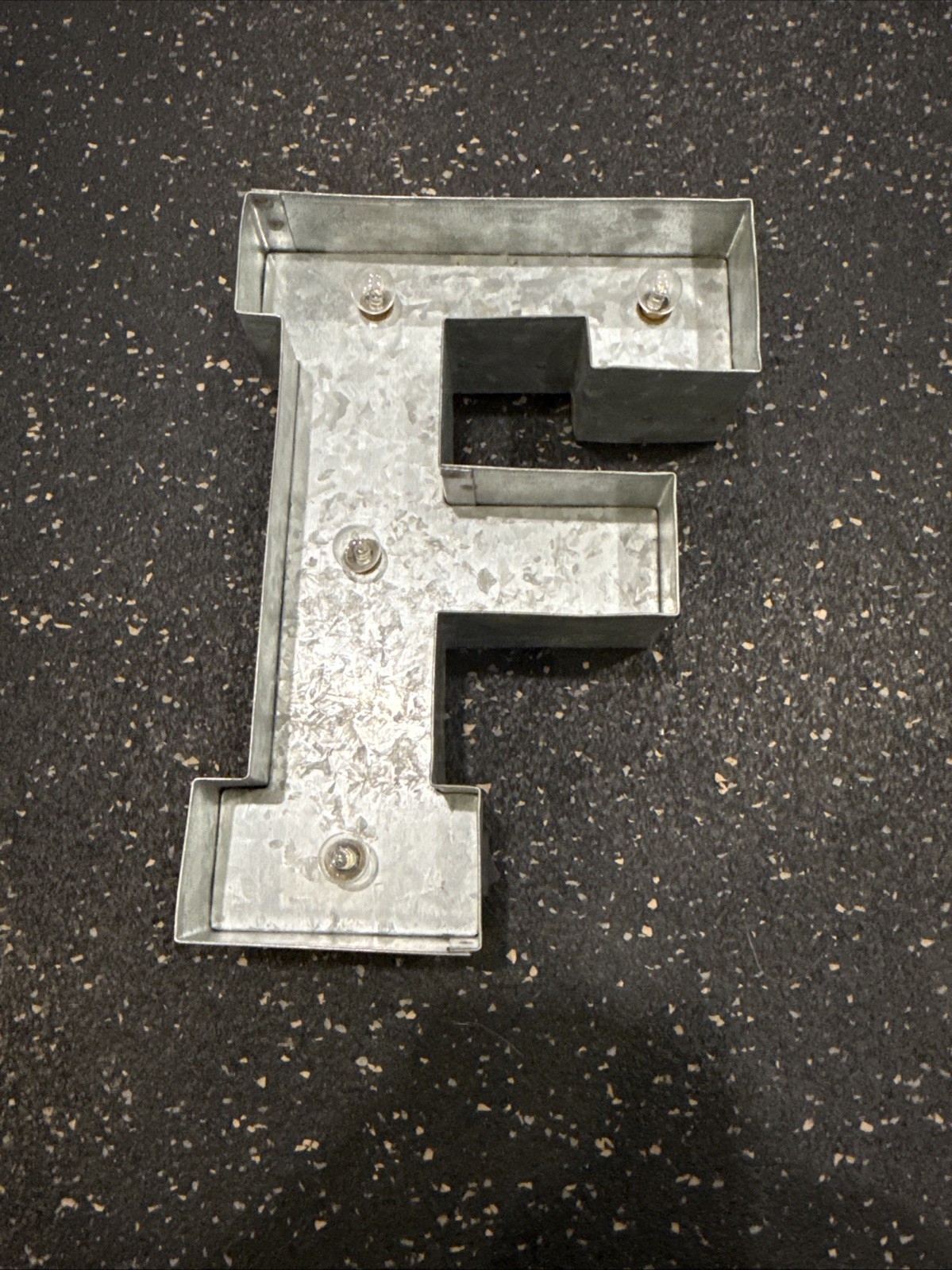 Galvanized Metal F Letter with Lights – Industrial Design 9″ x7″x2″Works