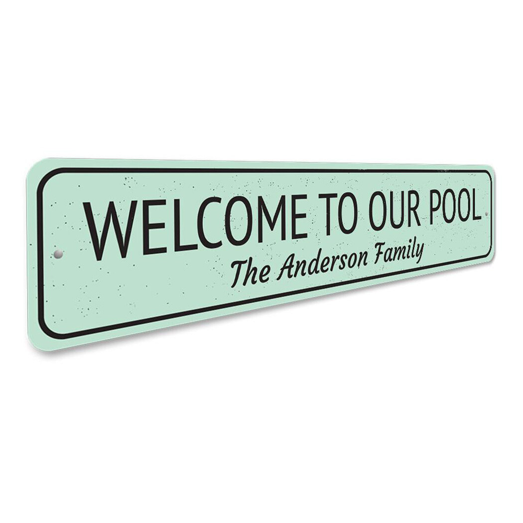 Welcome To Our Pool Sign, Personalized Family Name Metal Wall Decor – Aluminum