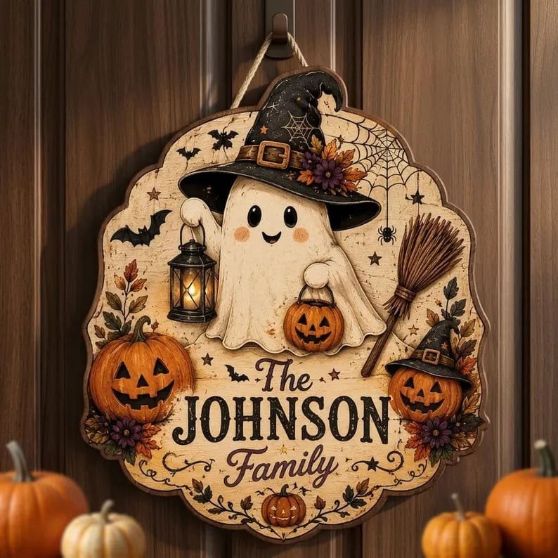 Personalized Halloween Ghost Door Hanger, Custom Family Name Wooden Sign