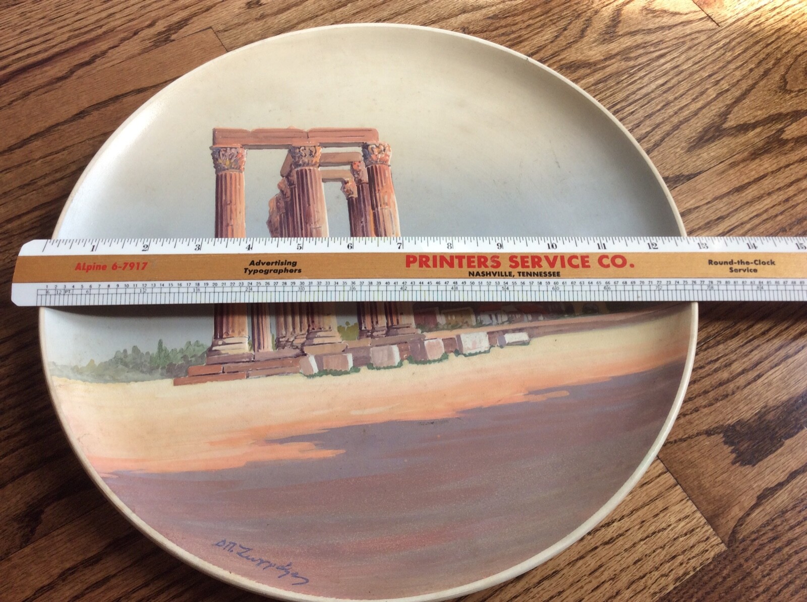 Greek Parthenon Pillars brown beige decor plate pottery Dimitrious signed
