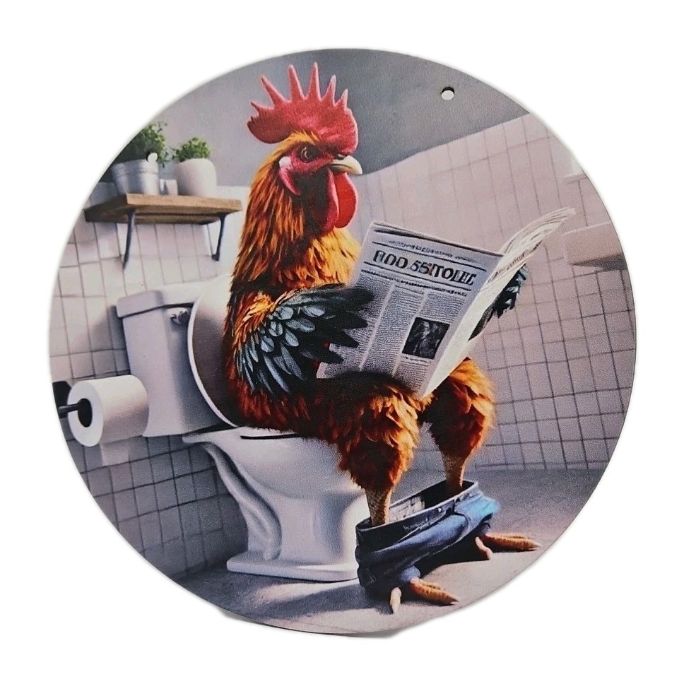 Funny Chicken on Toilet Sign – 8″ Round Novelty Bathroom Humor Wooden Signage