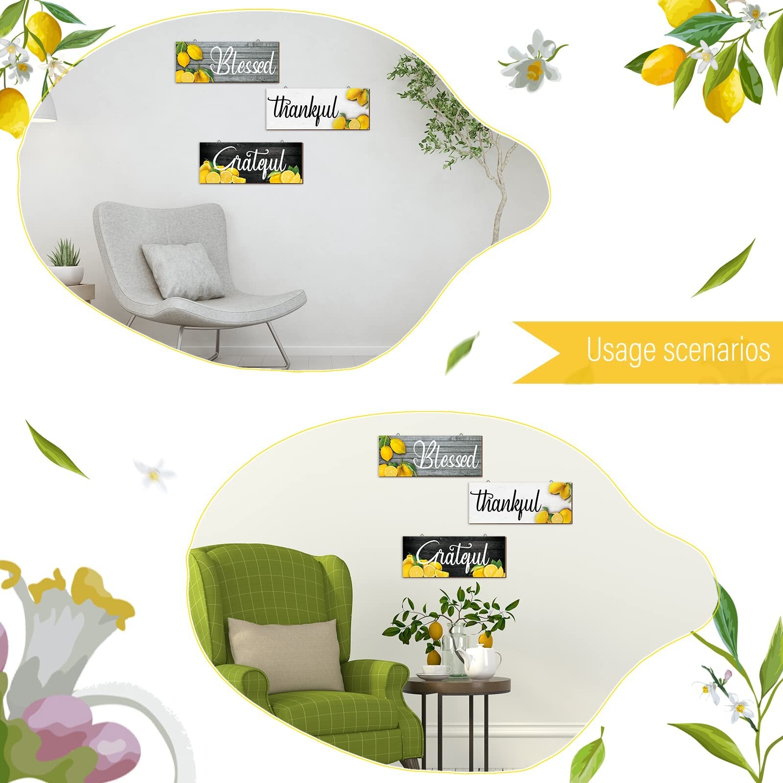 Amyhill 3 Pieces Lemon Wall Decor Grateful Thankful Blessed Wall Art Signs Le…