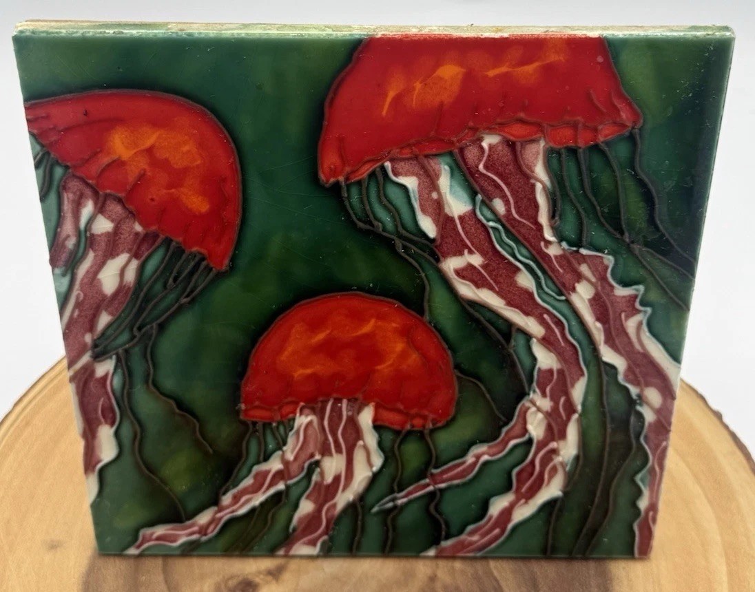 Colorful Art Tile Red Jellyfish Sea Life/Ocean Decorative Ceramic Signed 8″X8″