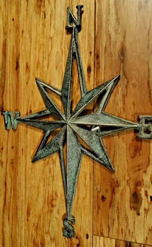 Metal Iron Nautical Rose Compass Star Directional Sailing Boat Wall Beach 14×10″