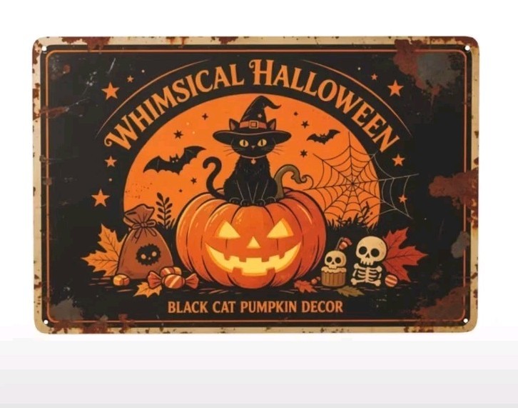 Whimsical Halloween Black Cat Pumpkin Metal Tin Sign 8×12″ Decor