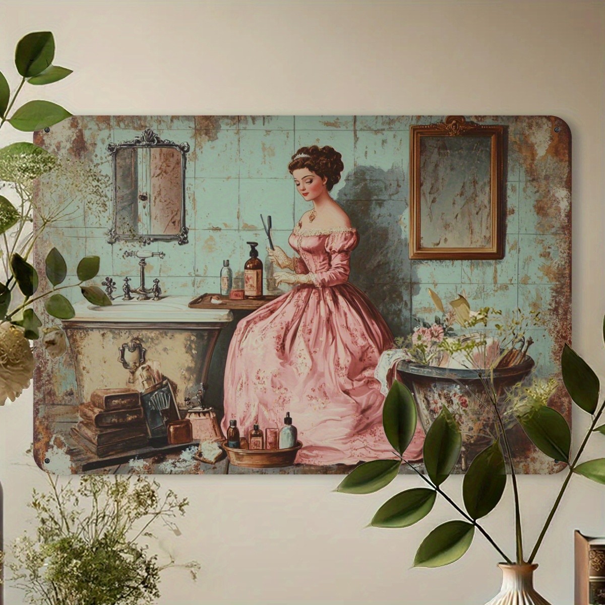 Vintage Victorian Lady Bathroom Scene Tin Signs Retro Home Bath Wall Art Decor
