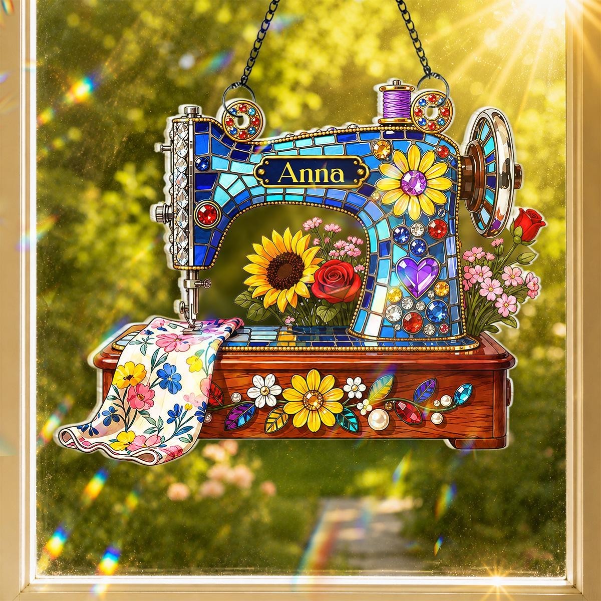 Personalized Sewing Machine Acrylic Suncatcher, Floral Design QuilterCraft Space
