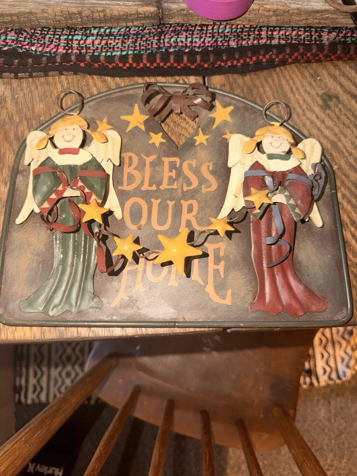 Metal Wall Plaque “Bless Our Home” Rustic Arch Hanging Angels & Stars