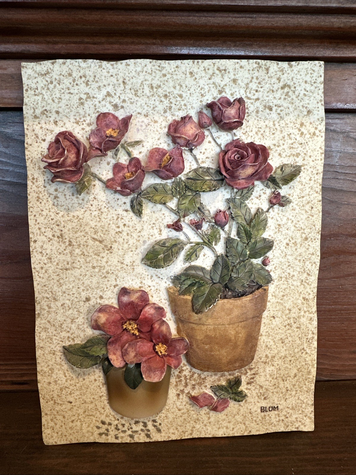 Vintage BLUM Rose Relief Wall Plaque – 3D Floral Cottage Decor Signed 4.75×6”