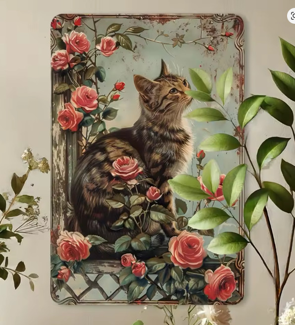 Unique Rustic French Country Vintage Kitten Cat Spring Metal Tin Sign 8 x 12