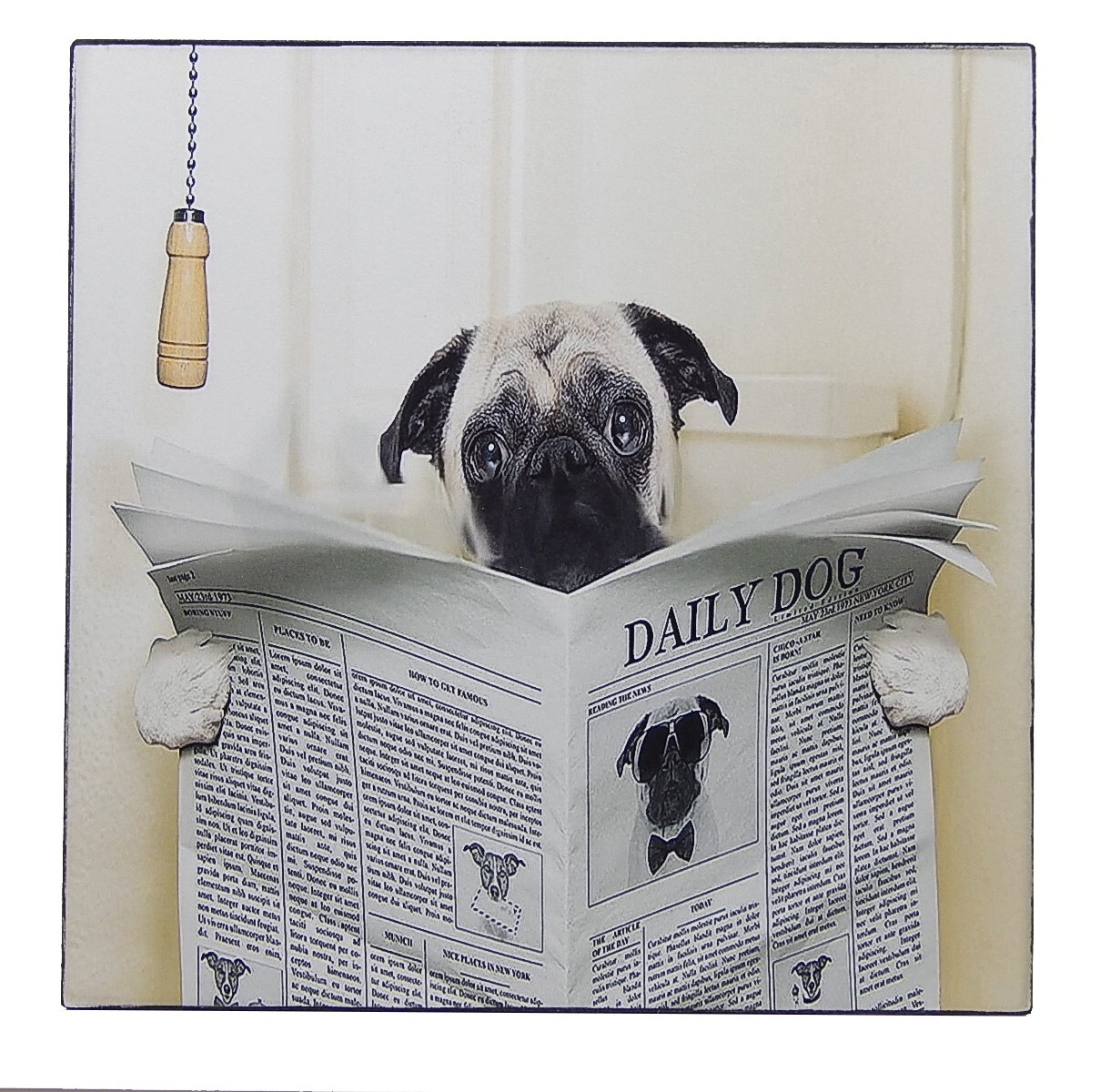 Pug Dog Reading Newspaper Funny Bathroom Toilet Sign Shelf Sitter Wall Art 5″x5″