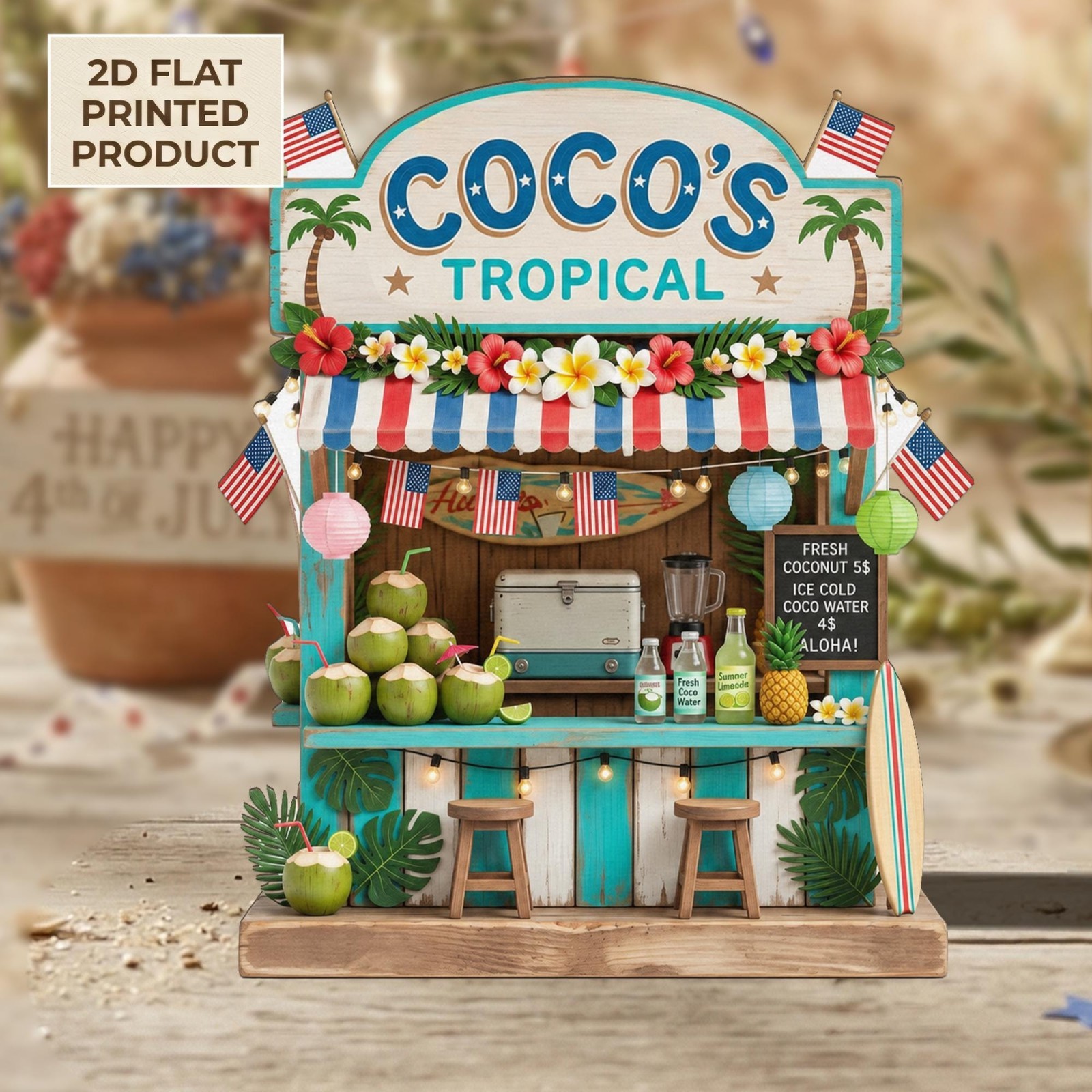 Tropical Summer 2D Flat Wooden Block Patriotic Beach Bar Coastal Shelf Sitter