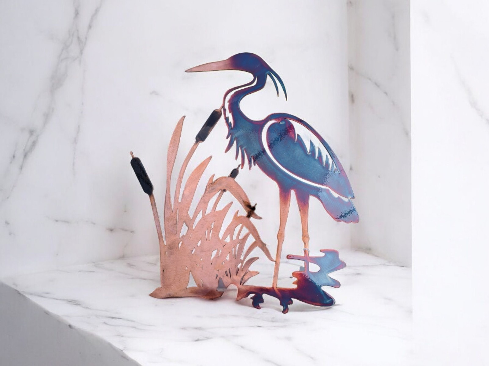 Heron and Cattails Scene Metal Art with Colorful Chemical Patina Home Decor