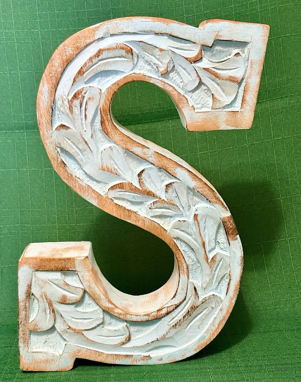 Monogram Letter “S” Carved MANGO Wood Stand OR Wall Decor Distressed Blue 9.5″